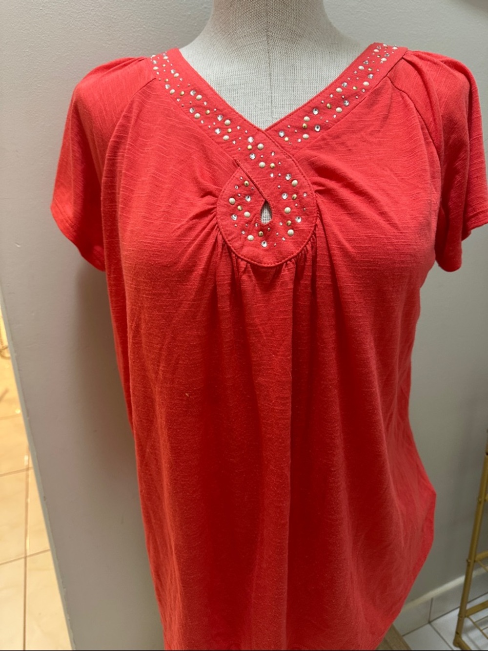 Zena Red Short-Sleeve V-Neck Top with Studded Trim